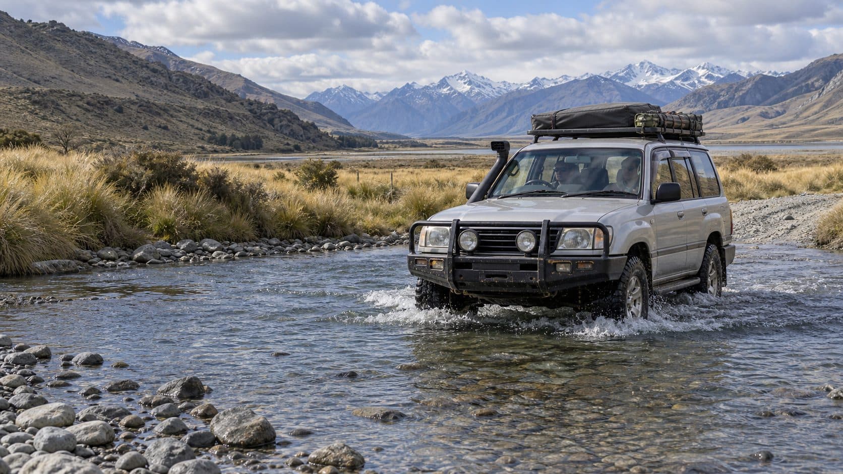 A kitted-out 4x4 with a rooftop tent crossing a braided river in the Canterbury high country