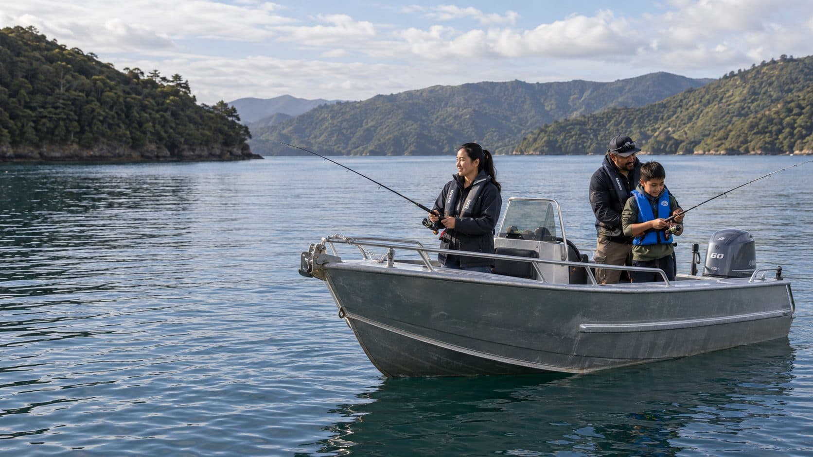 A family fishing from an alloy boat in a sheltered New Zealand bay