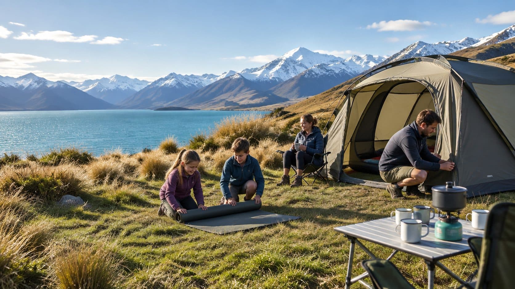 A family setting up a tent at a lakeside campsite below the Southern Alps