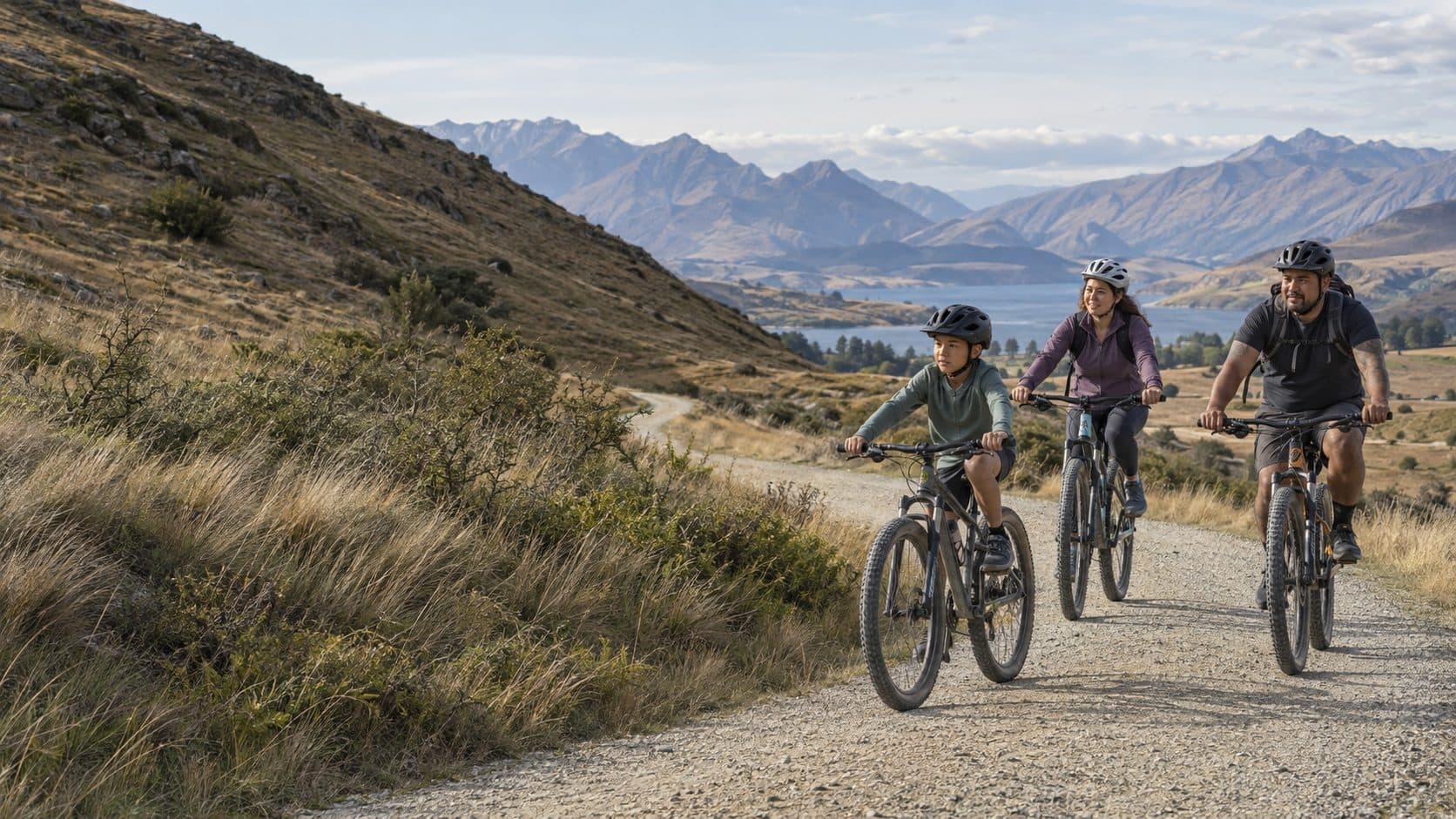 A family riding mountain bikes on a gravel trail above a high-country lake
