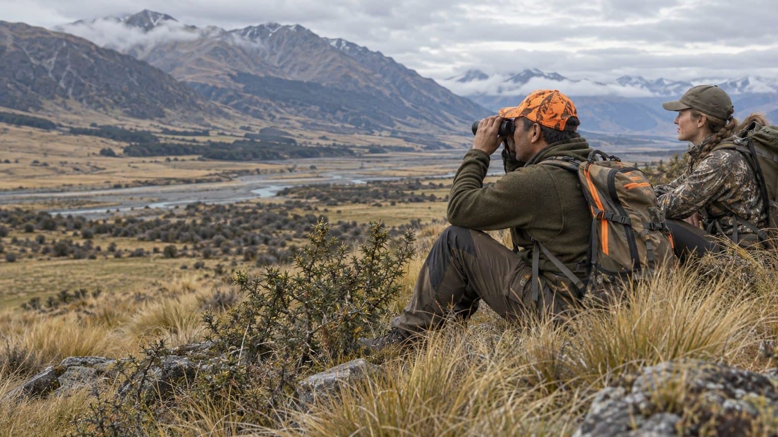 Two hunters in packs and camo layers looking out over a high-country river valley