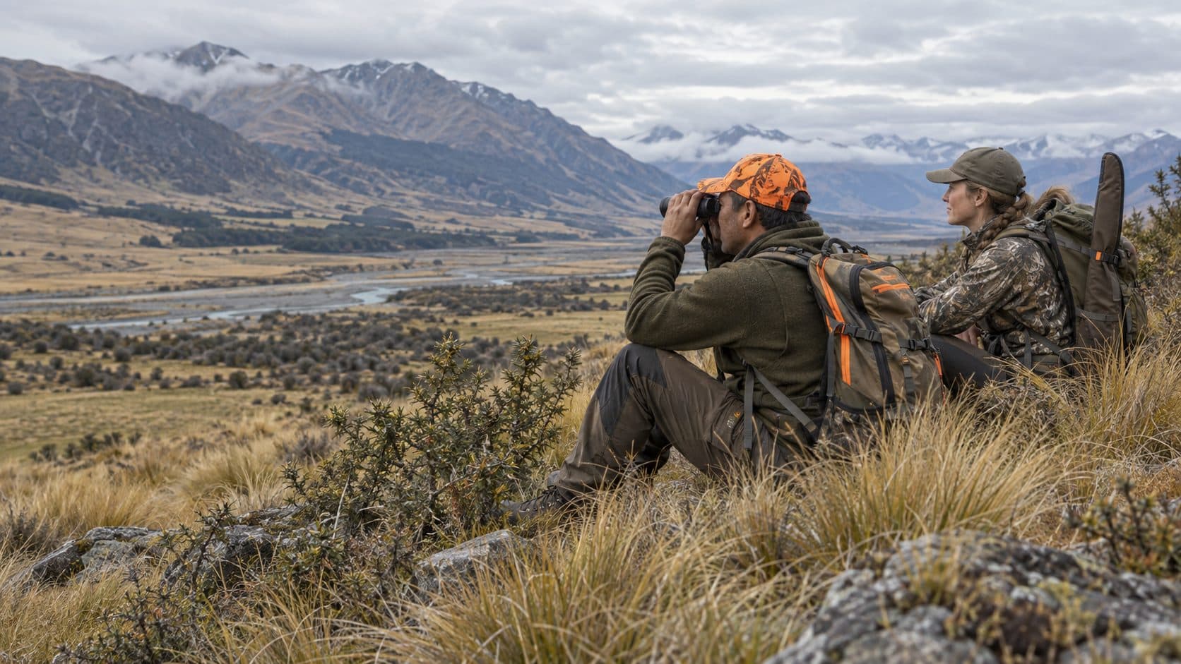 Two hunters glassing a high-country river valley with binoculars