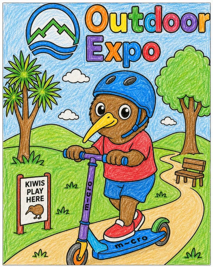 Outdoor Expo colouring sheet — a kiwi riding a Micro scooter