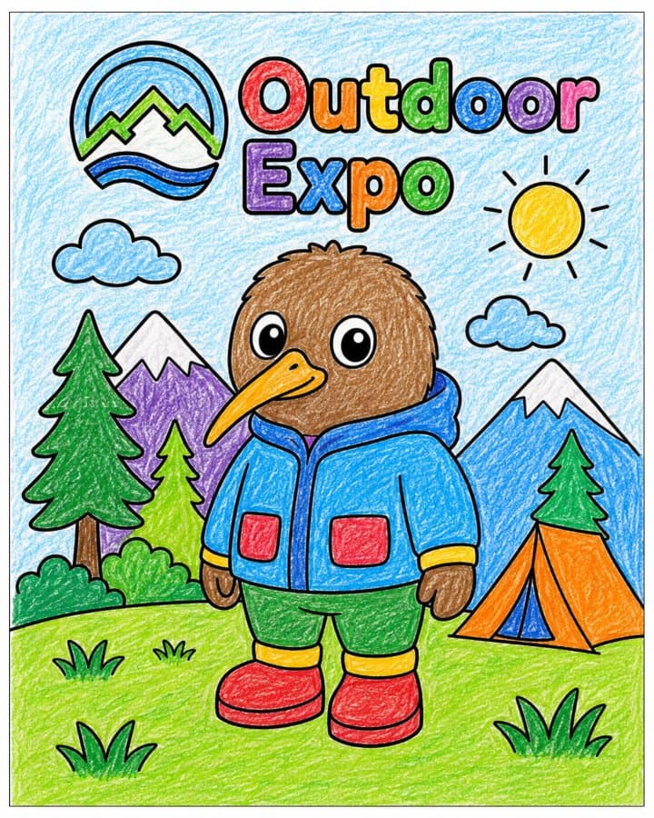 Outdoor Expo colouring sheet — a kiwi in the outdoors