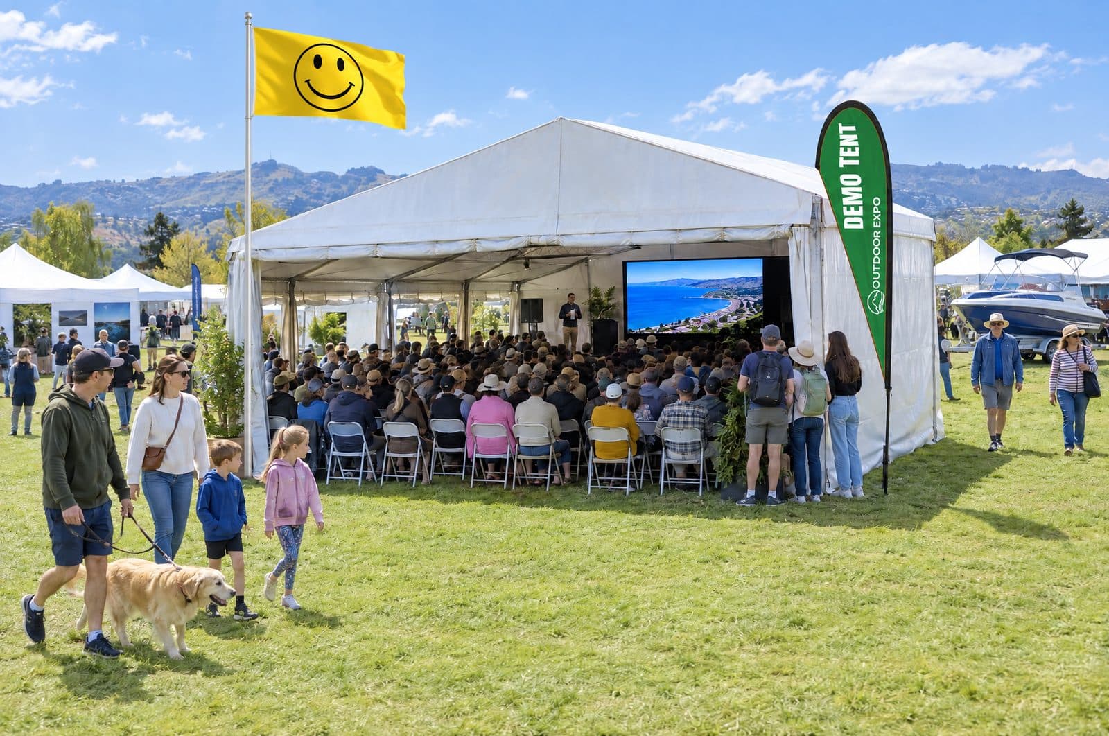 The Demo Tent from outside — a large white marquee with a yellow smiley flag on a pole above the roof and a green Demo Tent flag at the entrance, a seated crowd inside watching a presenter and a big screen