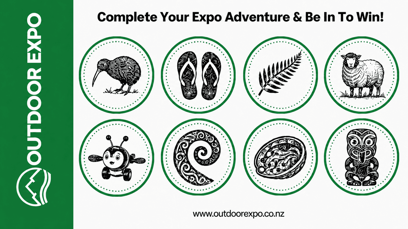 The Kiwiana stamp card — collect all 8 stamps: kiwi, jandal, silver fern, sheep, bee, koru, pāua and tiki