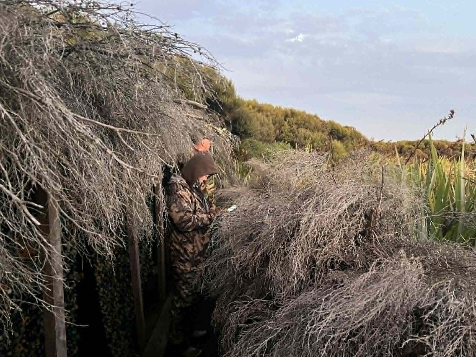 Hunter looking at phone in a maimai — a classic rookie moment during duck season